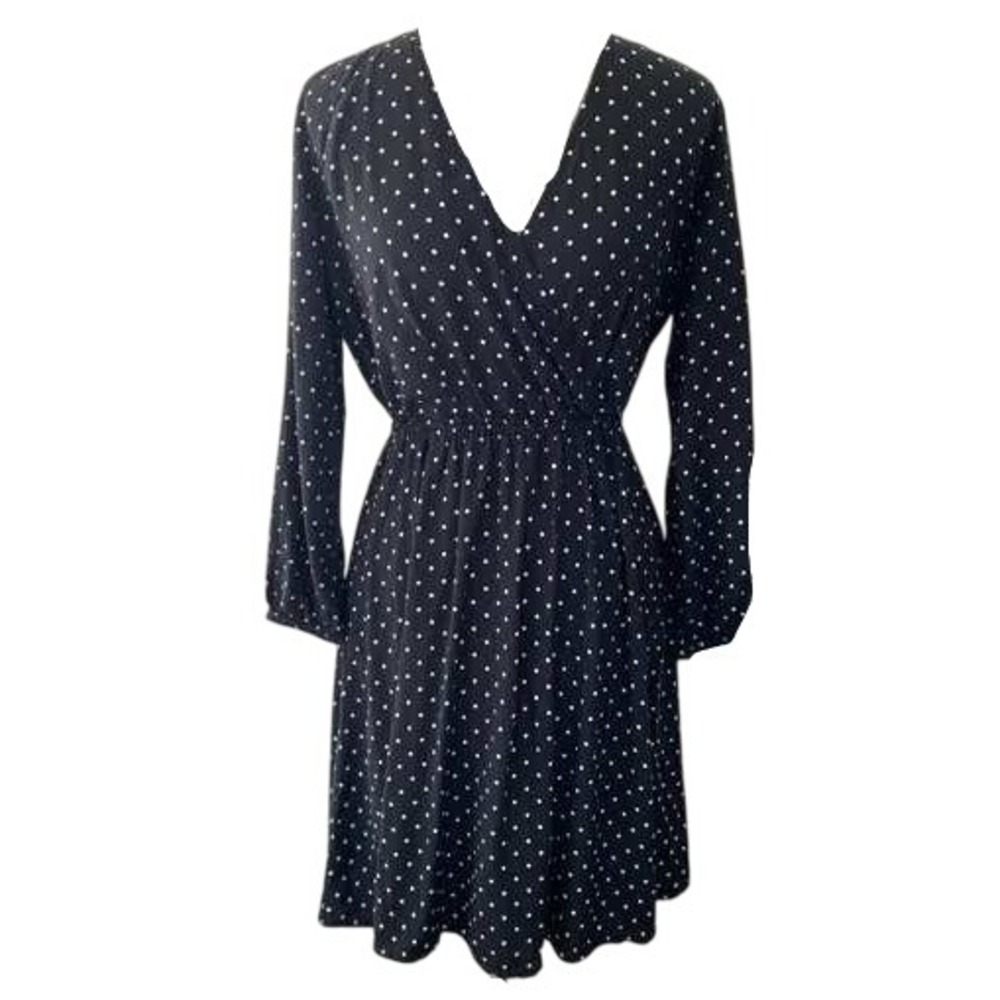 XL OLD NAVY Women's faux wrap long sleeve black white polka dot rayon dress mini